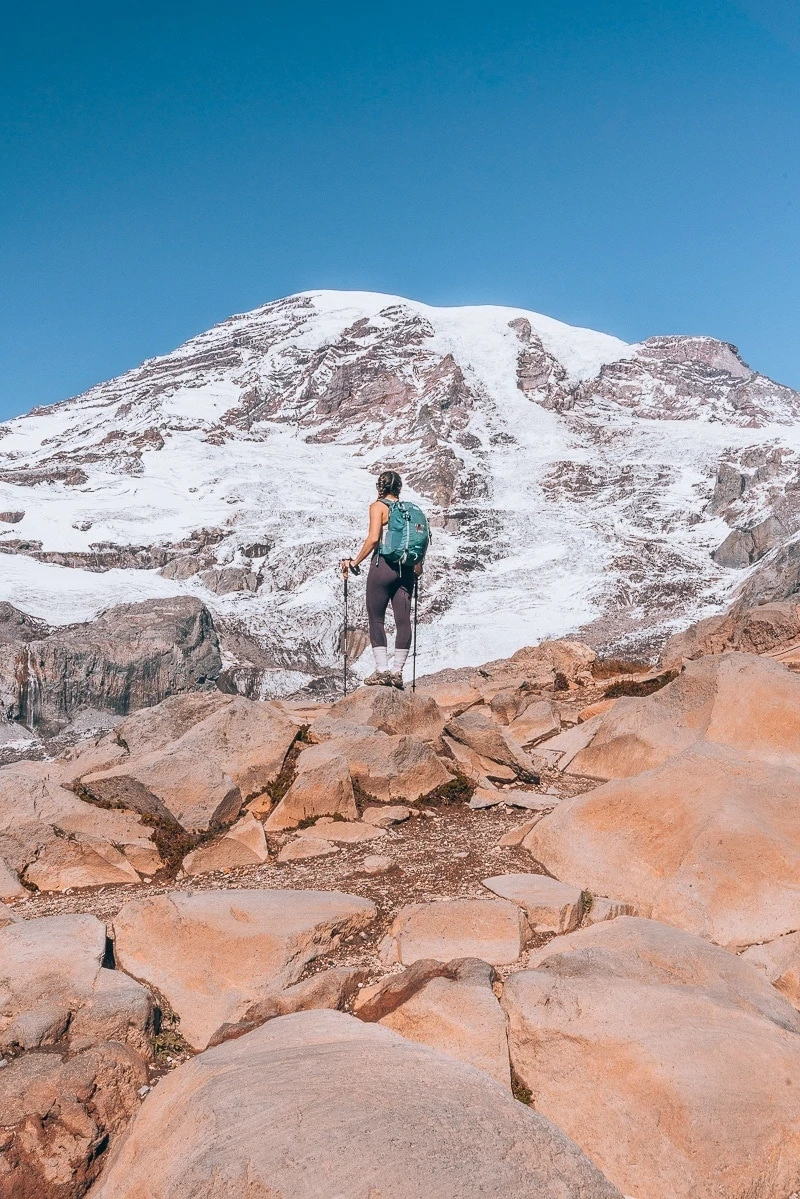 mount Rainier national park view with trekking poles