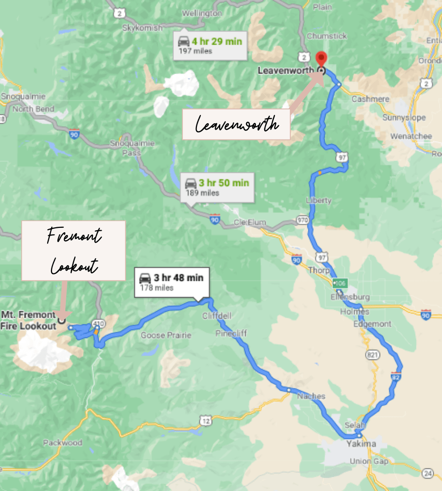 Mount Rainier National Park and Leavenworth map
