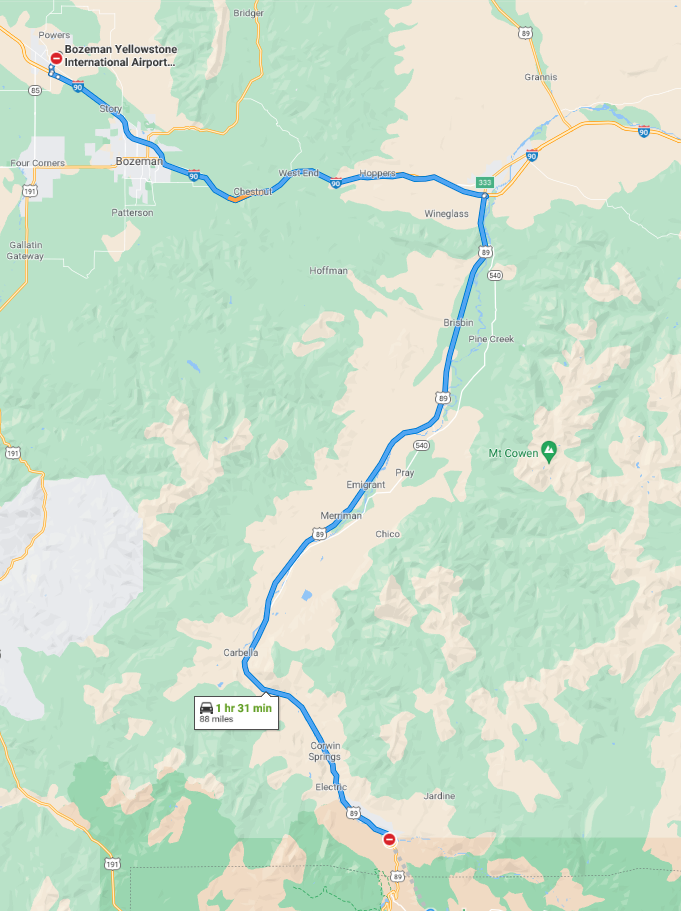 map of getting to Yellowstone from Bozeman Airport