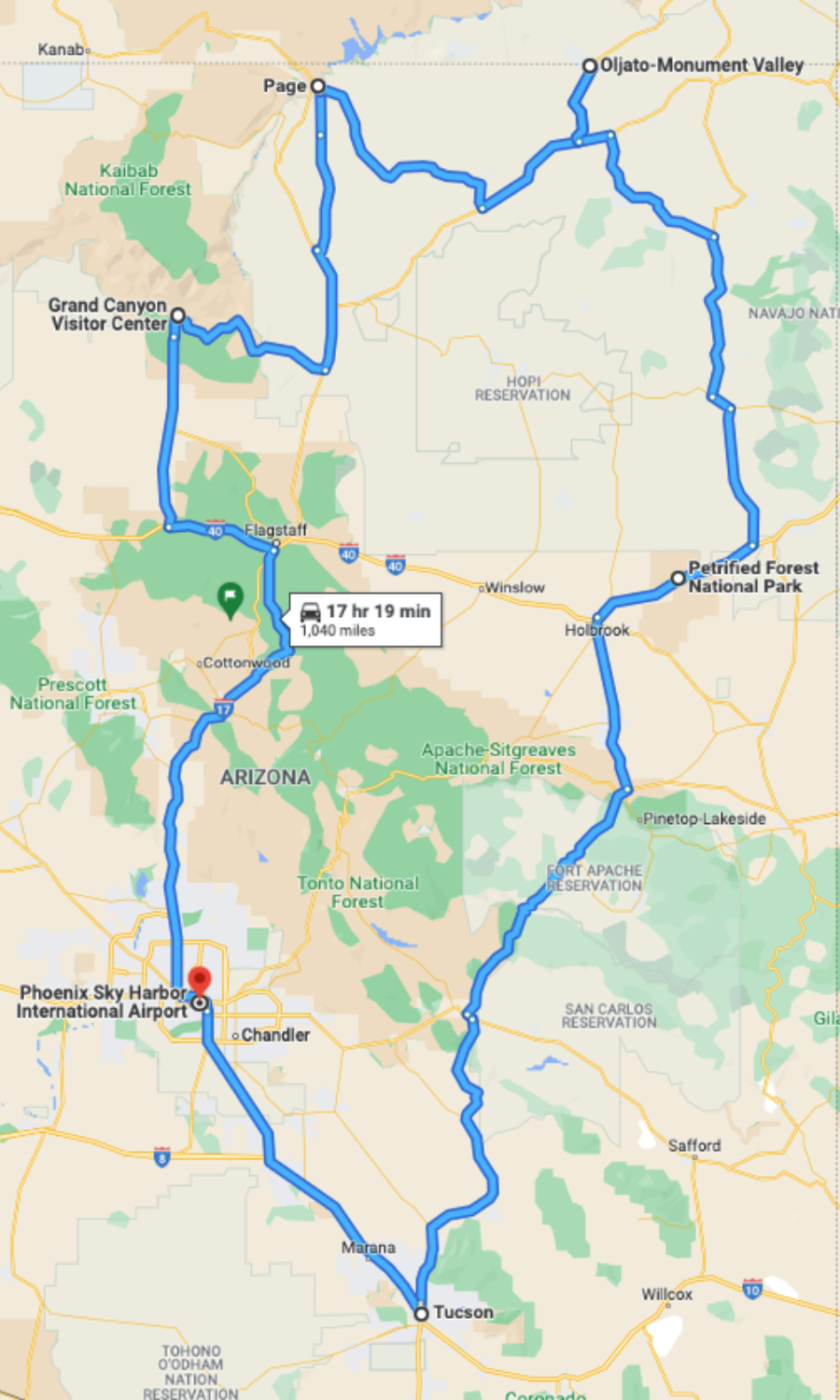 Map of Arizona Road Trip