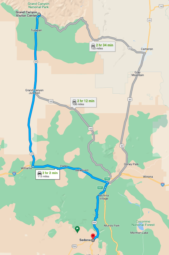 sedona to grand canyon map